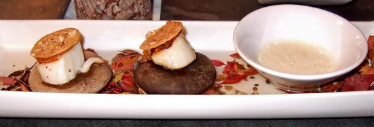 Ricochets de noix de coquilles Saint-Jacques, pastilles de pamplemousse confit et croquants de noisettes