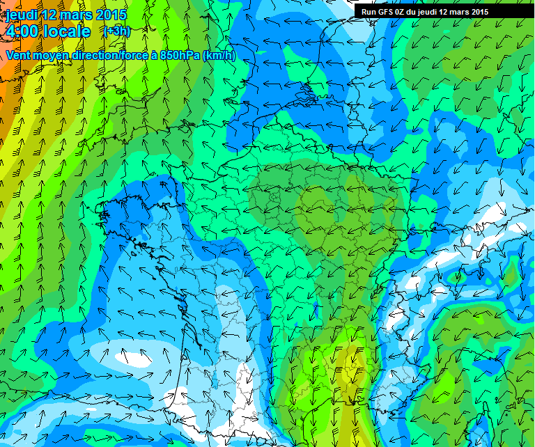 Vent moyen et direction vers 1500 m, jeudi 12 mars 2015