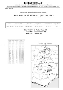 Massif du Parpaillon - Séisme du 11 avril 2015, avis de localisation
