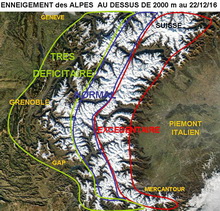Enneigement des Alpes au-dessus de 2000 m d'altitude au 22 décembre 2016