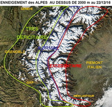 Enneigement des Alpes au-dessus de 2000 m d'altitude au 22 décembre 2016